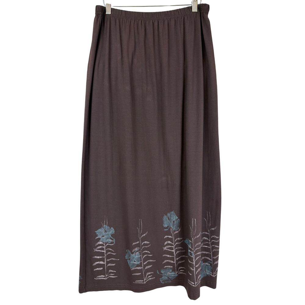 Blue Fish Brown Hand Printed Floral Maxi Skirt Med / Lg  USA Art to Wear